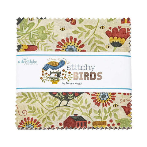 SALE Stitchy Birds 5" Stacker Charm Pack Bundle - Riley Blake Designs - 42 Piece Precut Pre cut - Folk Art - Quilting Cotton Fabric
