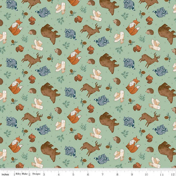Fat Quarter End of Bolt Piece FLANNEL Camp Woodland Animals F12571 Pistachio Riley Blake Bear Fox Racoon Squirrel Owl Hedgehog Cotton Fabric