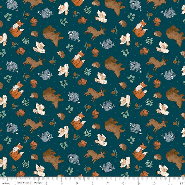 SALE FLANNEL Camp Woodland Animals F12571 Navy - Riley Blake Designs - Bears Foxes Racoons Squirrels Owls Hedgehogs - FLANNEL Cotton Fabric