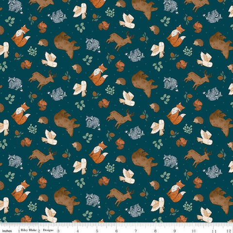 FLANNEL Camp Woodland Animals F12571 Navy - Riley Blake Designs - Bears Foxes Racoons Squirrels Owls Hedgehogs - FLANNEL Cotton Fabric