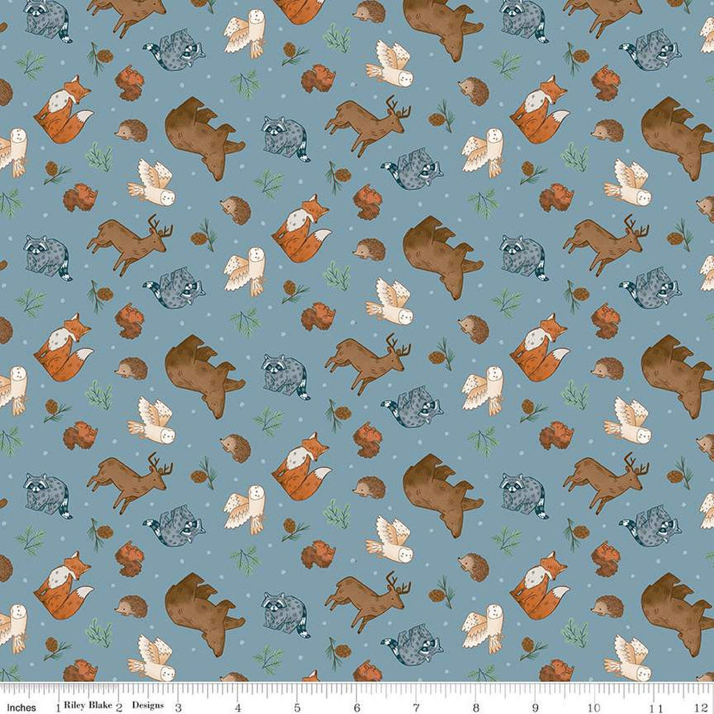 FLANNEL Camp Woodland Animals F12571 Denim - Riley Blake Designs - Bears Foxes Racoons Squirrels Owls Hedgehogs - FLANNEL Cotton Fabric