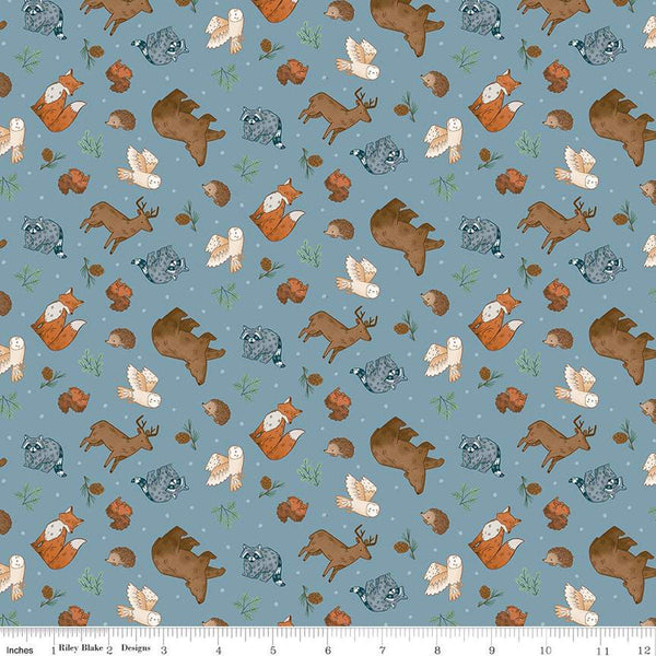 SALE FLANNEL Camp Woodland Animals F12571 Denim - Riley Blake Designs - Bears Foxes Racoons Squirrels Owls Hedgehogs - FLANNEL Cotton Fabric