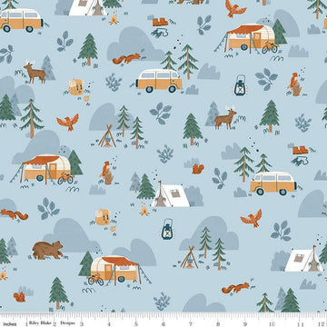 20" End of Bolt FLANNEL Camp Woodland Main F12570 Sky - Riley Blake Designs - Camping Trailers Tents Vans Trees Bear - FLANNEL Cotton Fabric