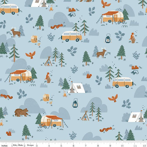 FLANNEL Camp Woodland Main F12570 Sky - Riley Blake Designs - Camping Trailers Tents Vans Trees Bears Squirrels - FLANNEL Cotton Fabric