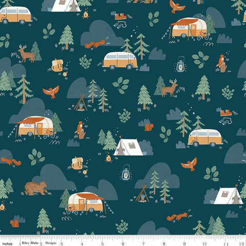 13" End of Bolt Piece - FLANNEL Camp Woodland Main F12570 Navy - Riley Blake - Camping Trailers Tents Trees Bears Squirrels - Cotton Fabric