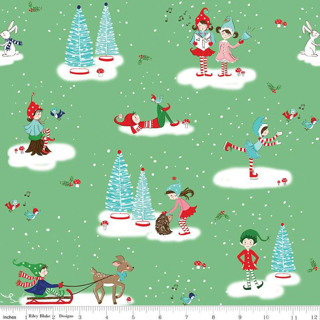 SALE FLANNEL Pixie Noel 2 Main F12580 Green - Riley Blake Designs - Christmas Winter Pixies Animals - FLANNEL Cotton Fabric