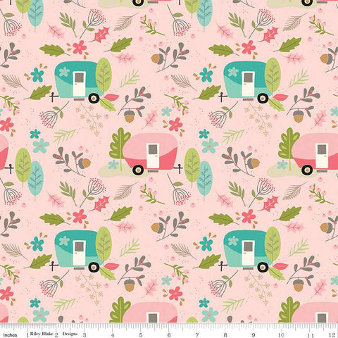 SALE FLANNEL Glamp Camp Main F12578 Pink - Riley Blake Designs - Camping Trailers Flowers Leaves  - FLANNEL Cotton Fabric