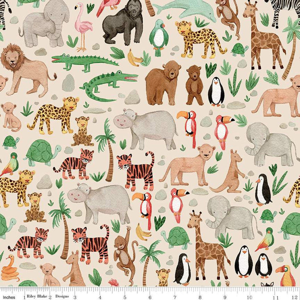 FLANNEL Wild Side Animals F12577 Taupe - Riley Blake - Lions Giraffes Tigers Zebras Hippos Elephants Monkeys - FLANNEL Cotton Fabric