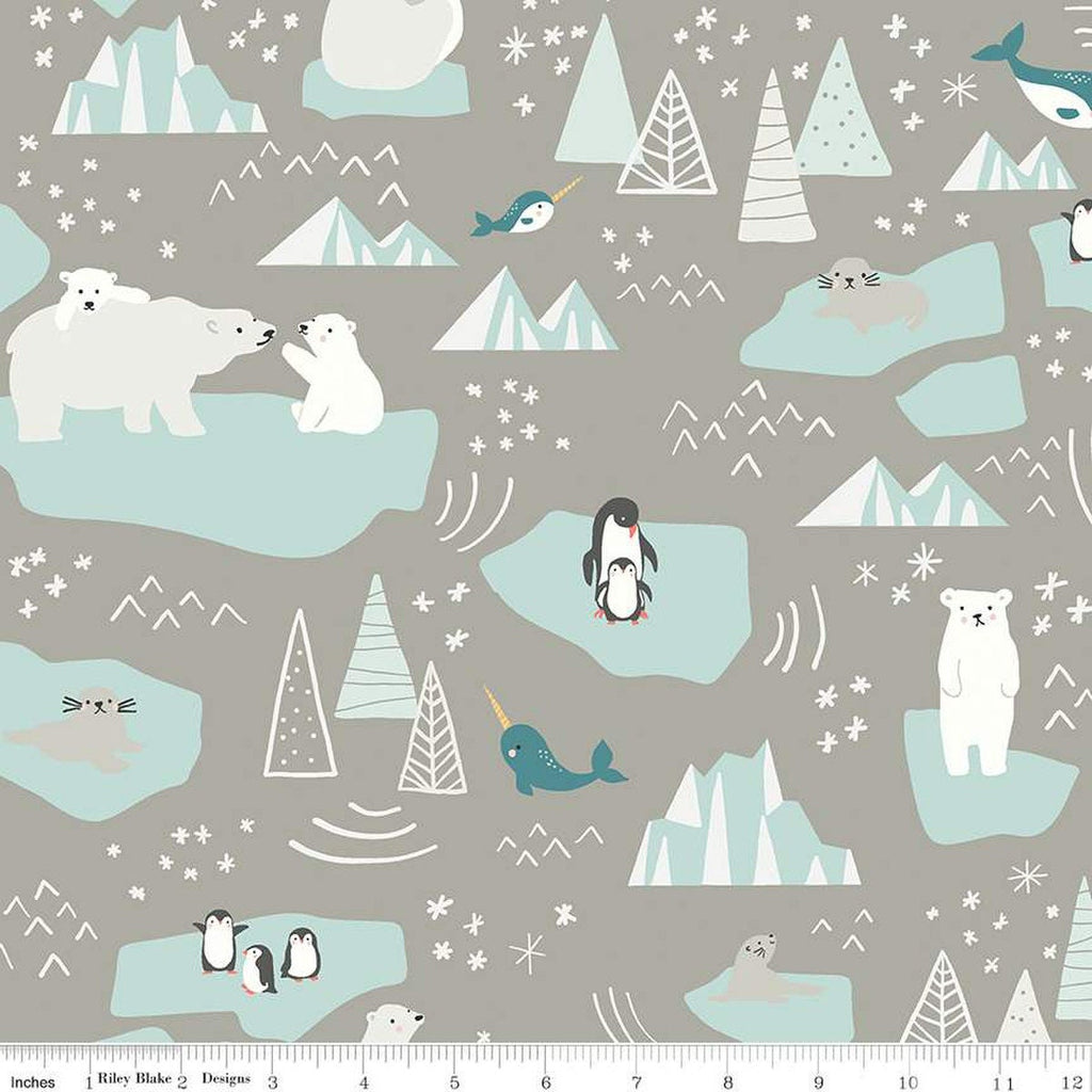SALE FLANNEL Nice Ice Baby Main F12573 Gray - Riley Blake Designs - Polar Bears Penguins Narwhals Seals Icebergs - FLANNEL Cotton Fabric