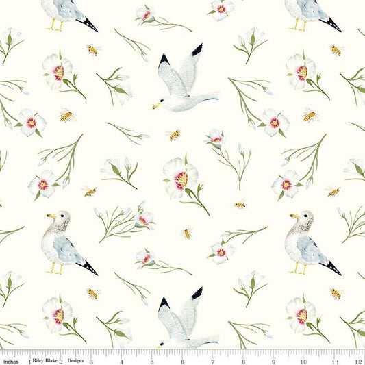 15" End of Bolt - SALE The Beehive State Main C12530 Cloud - Riley Blake - Utah Seagulls Lilies Birds Floral Flowers -Quilting Cotton Fabric
