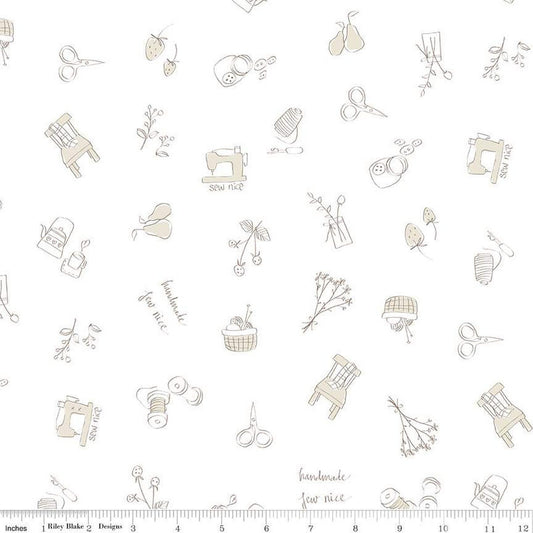 19" End of Bolt - SALE Hush Hush 2 Sewing Time - Riley Blake Designs - Low-Volume Sewing Icons Fruit - Quilting Cotton Fabric