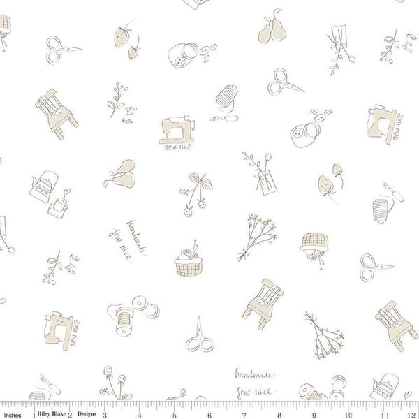 SALE Hush Hush 2 Sewing Time - Riley Blake Designs - Low-Volume Sewing Icons Fruit - Quilting Cotton Fabric