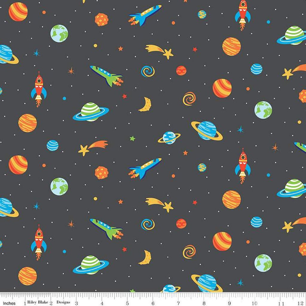 SALE FLANNEL Blast Off Outer Space F12591 Charcoal - Riley Blake Designs - Children's Spaceships Planets Stars - FLANNEL Cotton Fabric