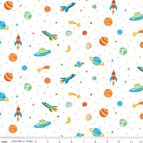 FLANNEL Blast Off Outer Space F12591 White - Riley Blake Designs - Children's Spaceships Planets Stars - FLANNEL Cotton Fabric