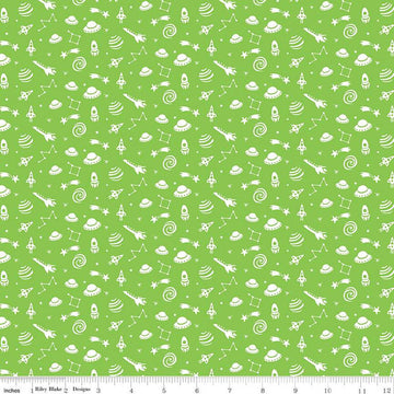 SALE FLANNEL Blast Off Star Gazing F12592 Green - Riley Blake - White Spaceships Planets Constellations Stars - FLANNEL Cotton Fabric