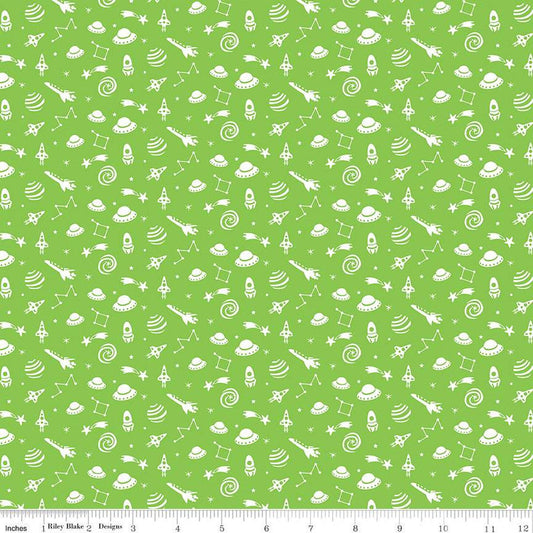 SALE FLANNEL Blast Off Star Gazing F12592 Green - Riley Blake - White Spaceships Planets Constellations Stars - FLANNEL Cotton Fabric