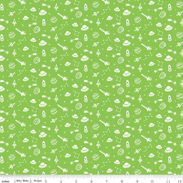 FLANNEL Blast Off Star Gazing F12592 Green - Riley Blake - White Spaceships Planets Constellations Stars - FLANNEL Cotton Fabric