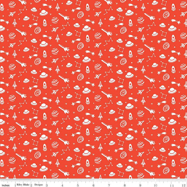 SALE FLANNEL Blast Off Star Gazing F12592 Red - Riley Blake - White Spaceships Planets Constellations Stars - FLANNEL Cotton Fabric