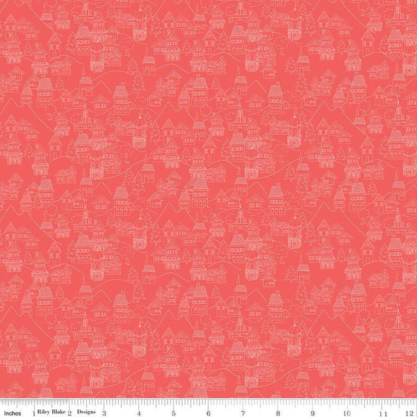 Fable Village C12713 Coral - Riley Blake Designs - Line-Drawn Buildings Houses Roads Mountains Trees - Quilting Cotton Fabric