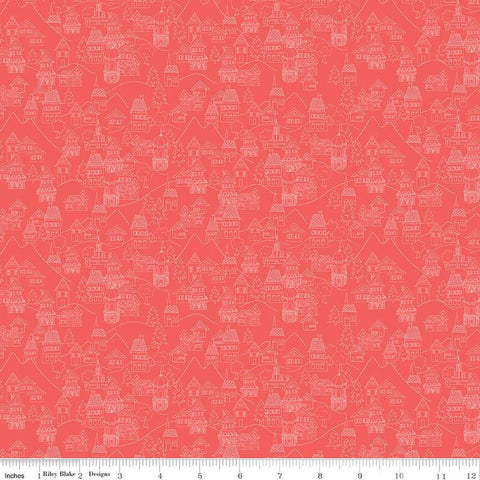Fable Village C12713 Coral - Riley Blake Designs - Line-Drawn Buildings Houses Roads Mountains Trees - Quilting Cotton Fabric