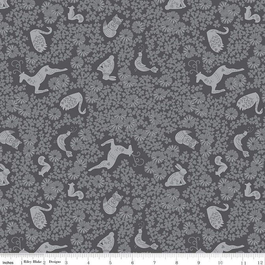 CLEARANCE Fable Tonal C12714 Charcoal - Riley Blake Designs - Animals Birds Flowers Floral - Quilting Cotton Fabric