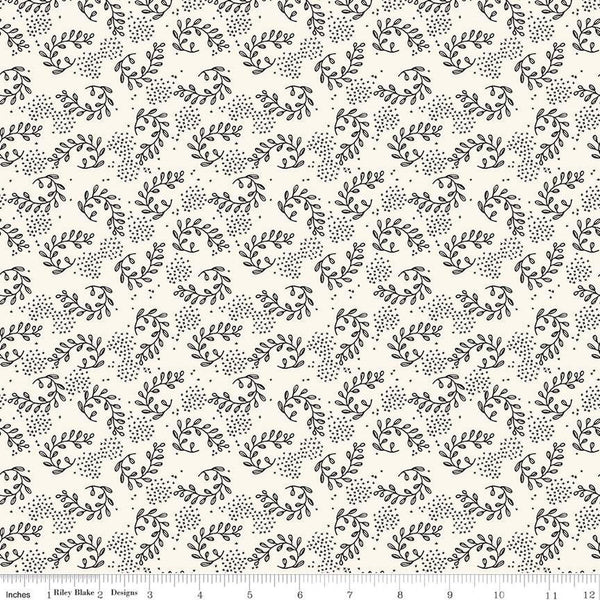 18" End of Bolt - Fleur Noire Sprigs C12522 Cream - Riley Blake Designs - Black Cream Leaves Xs - Quilting Cotton Fabric