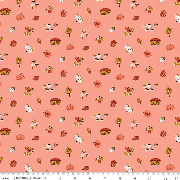 SALE Maple Harvest C12473 Coral - Riley Blake Designs - Pumpkins Leaves Pies Acorns Apples Mushrooms - Quilting Cotton Fabric