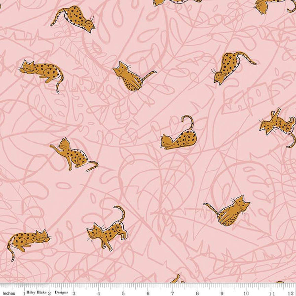 Leafy Keen Cats C12641 Pink - Riley Blake Designs - Cat Leaves Scribbles - Quilting Cotton Fabric