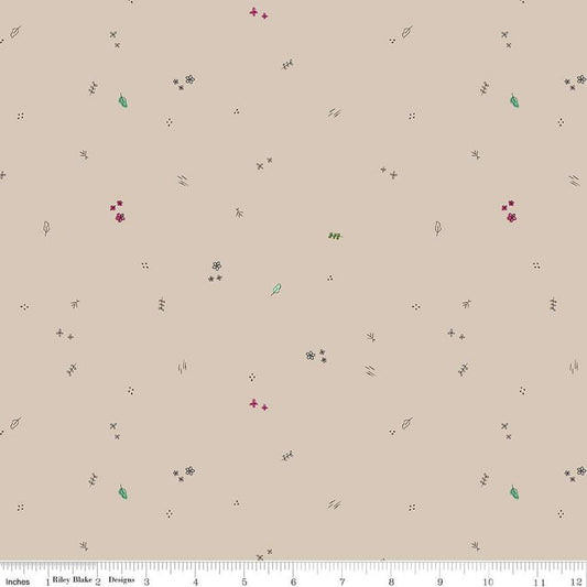 DEAL LINEN Leafy Keen Toss LN12645 Tan - Riley Blake Designs - Flowers Crosses Leaves Dots - Quilting Cotton Fabric