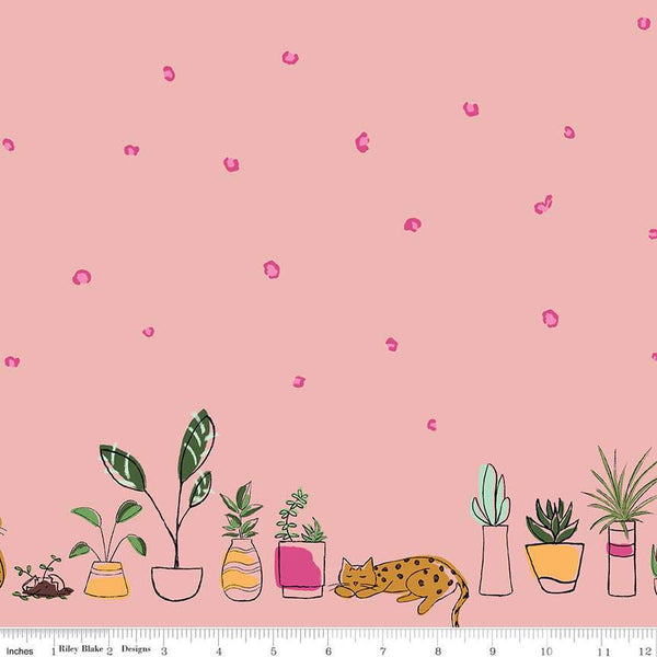 CLEARANCE Leafy Keen Border Print SC12646 Pink SPARKLE - Riley Blake - Leopard Spots Cats Plants Antique Gold SPARKLE - Quilting Cotton