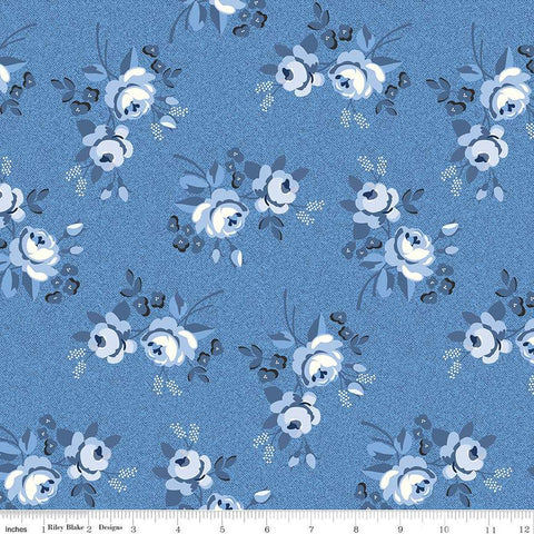 6" End of Bolt - Blue Jean Main C12720 Blue by Riley Blake Designs - Floral Flowers - Quilting Cotton Fabric