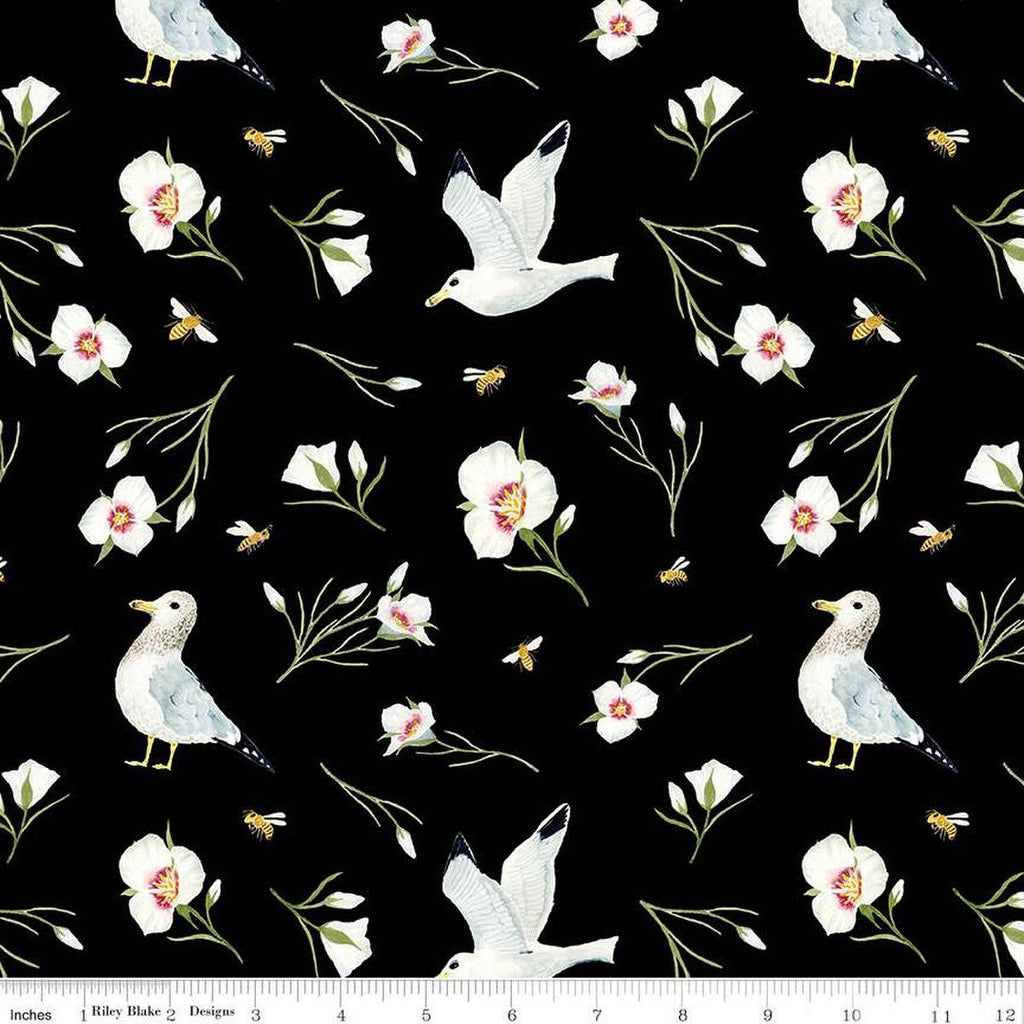 15" End of Bolt - CLEARANCE The Beehive State Main C12530 Black - Riley Blake - Utah Seagulls Sego Lilies Flowers - Quilting Cotton Fabric