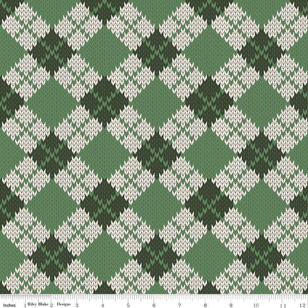 22" End of Bolt - SALE Forest Friends Argyle C12692 Green - Riley Blake - Geometric PRINTED Knitted Sweater Pattern - Quilting Cotton Fabric