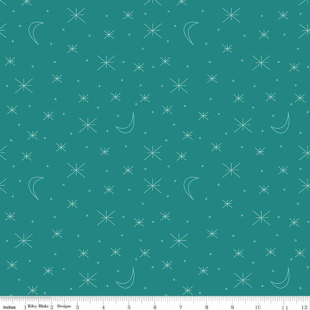 17" End of Bolt - Forest Friends Sky Gazing C12694 Teal - Riley Blake Designs - Asterisk Stars Moons Small Circles - Quilting Cotton Fabric