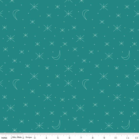 Forest Friends Sky Gazing C12694 Teal - Riley Blake Designs - Asterisk Stars Moons Small Circles - Quilting Cotton Fabric