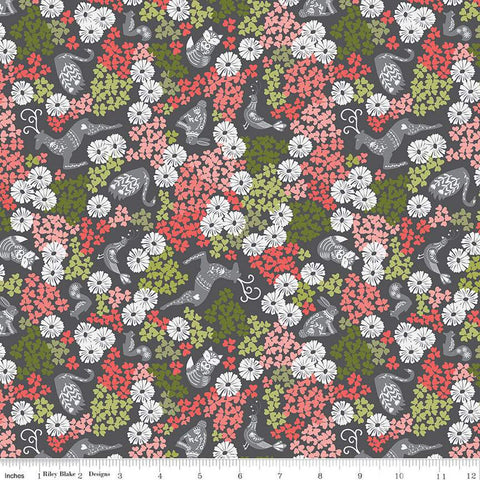 CLEARANCE Fable Fauna C12711 Charcoal - Riley Blake Designs - Animals Birds Floral Flowers - Quilting Cotton Fabric