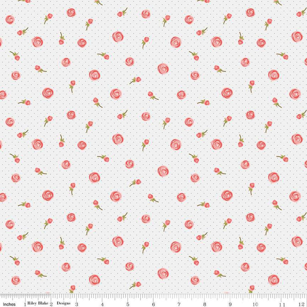 SALE Fable Buds C12712 Off White - Riley Blake Designs - Floral Flowers Pin Dots - Quilting Cotton Fabric