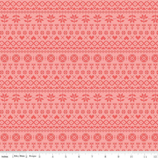 SALE Fable PRINTED Knit C12715 Coral - Riley Blake Designs - Geometric Cross Stitch Knit Design - Quilting Cotton Fabric