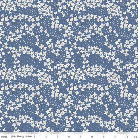 With a Flourish Blossoms C12732 Denim - Riley Blake Designs - Floral Flowers Dots - Quilting Cotton Fabric