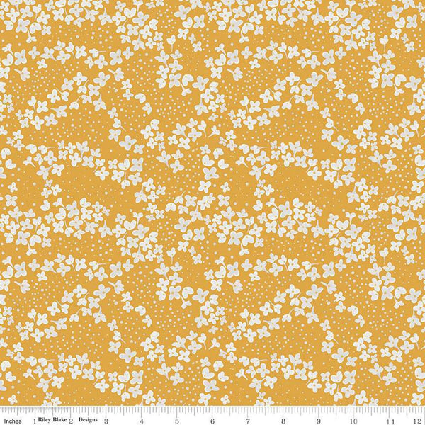 SALE With a Flourish Blossoms C12732 Mustard - Riley Blake Designs - Floral Flowers Dots - Quilting Cotton Fabric