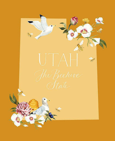 CLEARANCE The Beehive State Utah Panel P12535 Butterscotch by Riley Blake - Bees Sea Gulls Sego Lilies Birds - Quilting Cotton Fabric