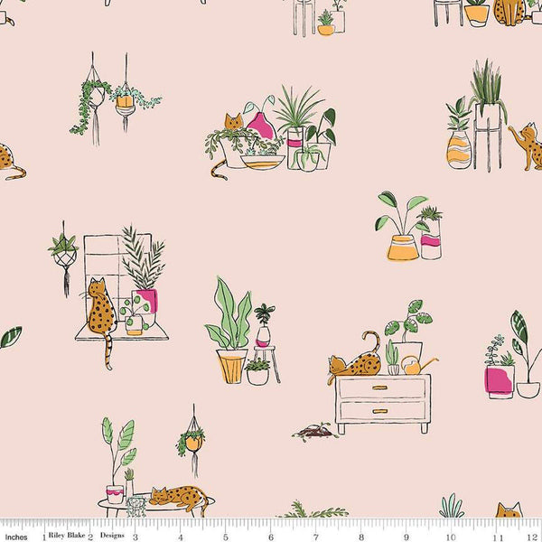 SALE Leafy Keen Main SC12640 Blush SPARKLE - Riley Blake Designs - Cats Plants Antique Gold SPARKLE - Quilting Cotton Fabric