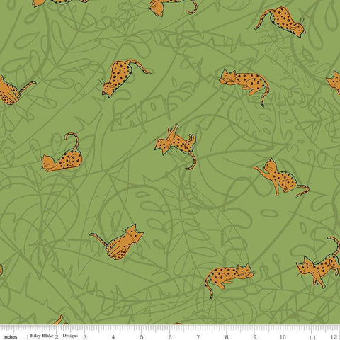 Leafy Keen Cats C12641 Green - Riley Blake Designs - Cat Leaves Scribbles - Quilting Cotton Fabric