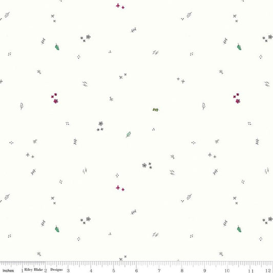 SALE LINEN Leafy Keen Toss LN12645 White - Riley Blake Designs - Flowers Crosses Leaves Dots - Quilting Cotton Fabric