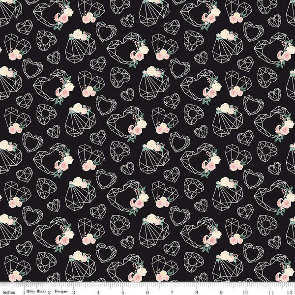 At First Sight Hearts C12681 Black - Riley Blake Designs - Geometric Hearts Floral Flowers - Quilting Cotton Fabric