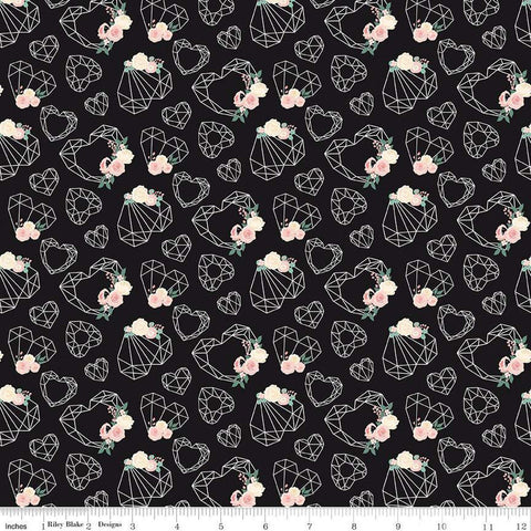 At First Sight Hearts C12681 Black - Riley Blake Designs - Geometric Hearts Floral Flowers - Quilting Cotton Fabric