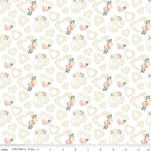 18" End of Bolt - At First Sight Hearts SC12681 Cream SPARKLE - Riley Blake - Flowers Geometric Hearts Gold SPARKLE - Quilting Cotton Fabric