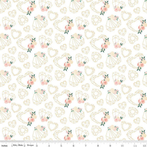 At First Sight Hearts SC12681 Cream SPARKLE - Riley Blake Designs - Flowers Geometric Hearts Gold SPARKLE - Quilting Cotton Fabric