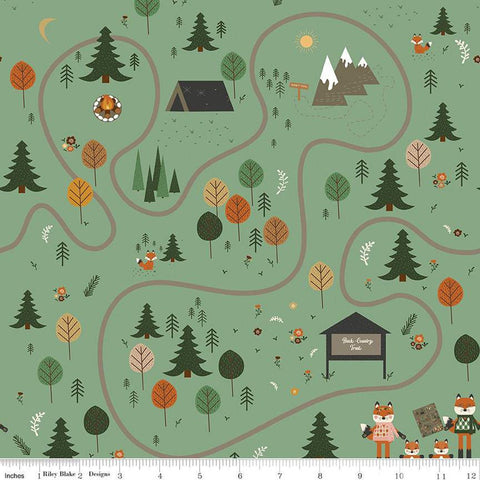 15" End of Bolt - Forest Friends Main C12690 Green - Riley Blake Designs - Foxes Tents Trees Trail Outdoors - Quilting Cotton Fabric