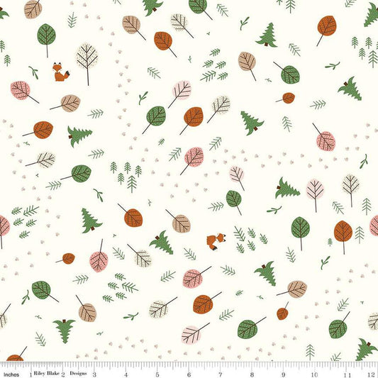 DEAL Forest Friends Tracks C12691 Cream - Riley Blake Designs - Animal Tracks Leaves Trees - Quilting Cotton Fabric